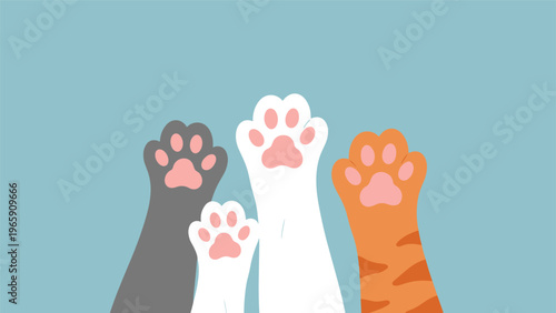 Playful illustration of four colorful cat paws including ginger grey and white reaching up from the bottom against a blue background.