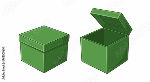Two green cubic boxes, one closed, one open, displayed on a white background
