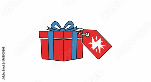 A red gift box with a blue ribbon and a red sale tag