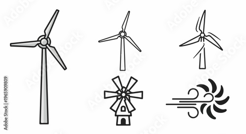 A collection of wind-related illustrations, featuring turbines and a windmill