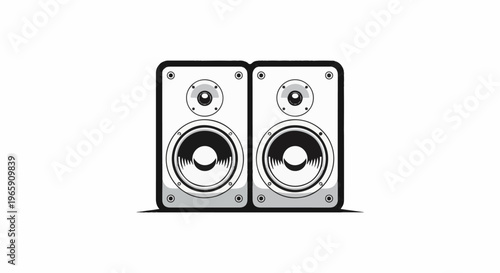 A minimalist black and white illustration of two speakers