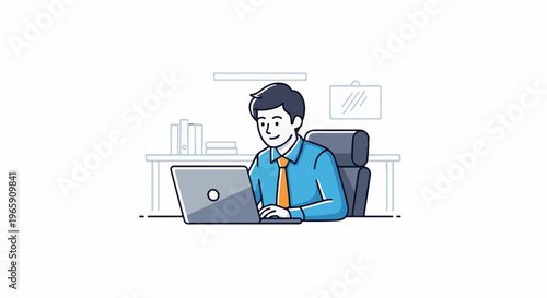 A man in a blue shirt and orange tie sits at a desk working on a laptop