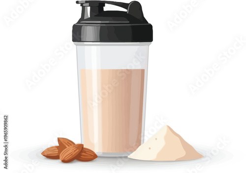 Protein shaker with almond milk and powder. healthy plant based drink, fitness nutrition.