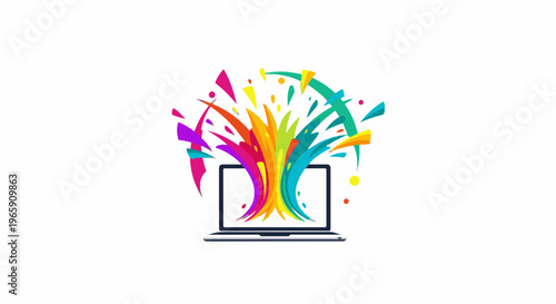 A laptop explodes with a vibrant burst of colorful abstract shapes and streaks