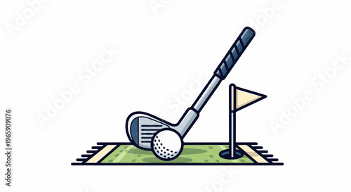 A cartoon golf club rests next to a golf ball on a green with a flag