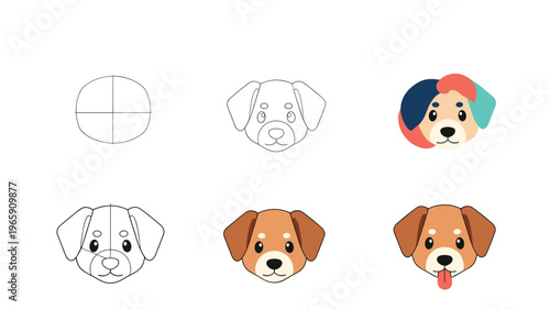 Step by step drawing tutorial showing the process of creating a cute cartoon dog character from basic shapes to color.