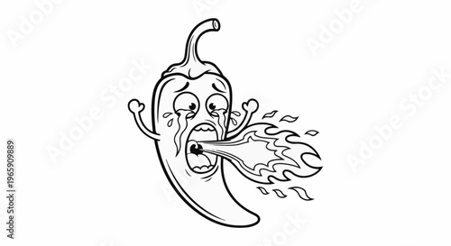 A cartoon chili pepper cries as it breathes fire with a pained expression
