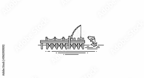 A fishing rod on a dock reels in a leaping fish in stylized illustration