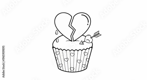 A broken heart cupcake with an arrow piercing a heart