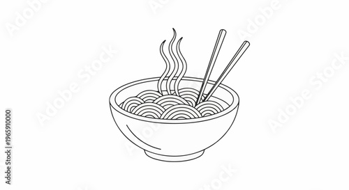 A black and white illustration of a steaming bowl of noodles with chopsticks