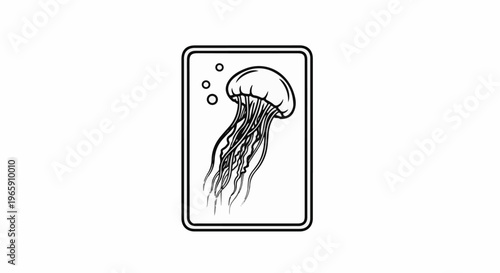 A black and white illustration of a jellyfish with trailing tentacles and bubbles