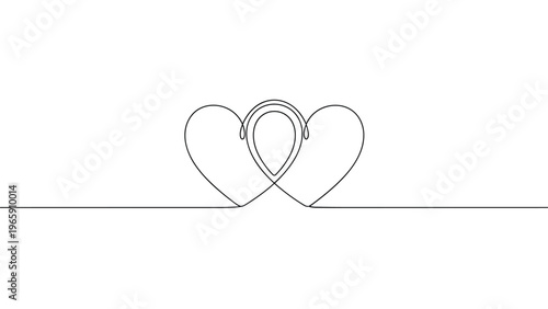 Minimalist single line drawing showing two intertwined heart shapes representing love, unity, and a lasting romantic connection.