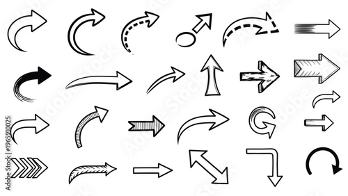 Extensive collection of twenty four different hand drawn arrows in various styles including curved, straight, and dashed lines.