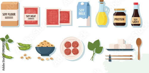 Soy food products flat vector illustration showing various meat substitutes and beverages.