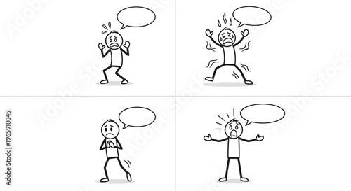Stick figure characters expressing anger, stress, frustration, and strong emotion with blank speech bubbles on isolated white background.