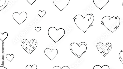 Seamless pattern design featuring an assortment of hand drawn outline hearts with decorative sparkles and various patterns.
