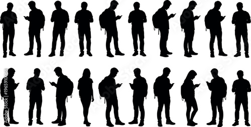 Full Body Silhouettes of People Students and Young Adults Standing and Using Smartphones while Carrying Backpacks for Digital Lifestyle Concept
