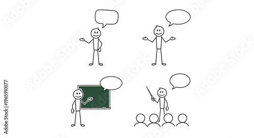 Stick figure characters teaching, presenting to an audience, and explaining concepts in an educational setting on isolated white background.
