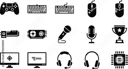 Professional Gaming Peripherals, PC Hardware Components and Esport Equipment Glyph Icons