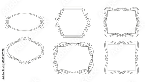 Set of six elegant decorative frames in black and white featuring various shapes like oval, hexagon, and rectangle.