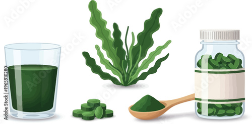 Spirulina and chlorella vector illustrations set. green superfood, healthy dietary supplement.