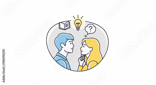 Two people discussing ideas, with a lightbulb and question mark