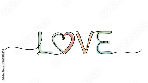 Cursive word LOVE written with a continuous single line featuring colorful pastel overlays in a modern minimalist style.