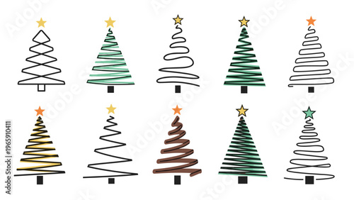 Selection of ten stylized Christmas tree designs in different colors and stroke styles each topped with a golden or colored star.