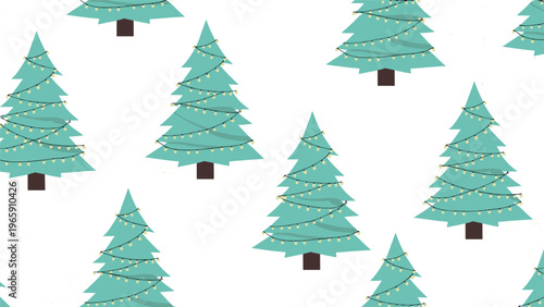 Seamless holiday pattern featuring teal Christmas trees decorated with delicate yellow light strings on a white background.