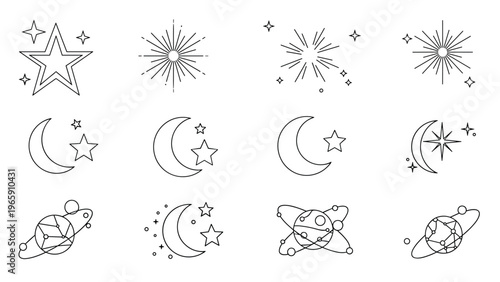 Collection of twelve celestial icons including stars, crescent moons, and planets with rings in a clean black line art style.