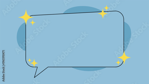 Blank light blue speech bubble framed by yellow sparkles on a matching blue background with soft organic shapes.