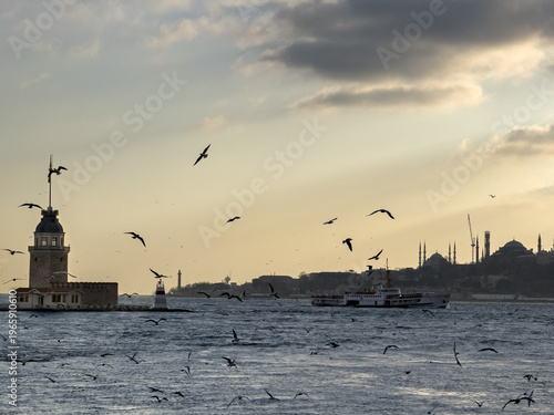 View of Maiden's Tower stands proudly amidst the shimmering waters, as seagulls dance in the golden light of dusk, Istanbul, Istanbul, Turkey.