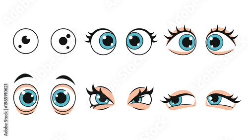 Set of cartoon eyes with different gaze directions and expressions featuring bright blue irises for character development.