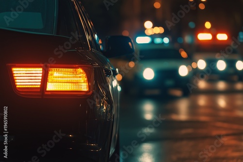 Police cars illuminated at night on city streets during a law enforcement operation
