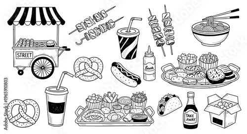 Delicious Street Food and Fast Food Collection Including Tacos, Hot Dogs, Noodles, and Skewers on a Gray Background
