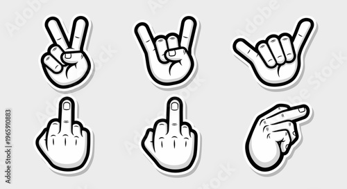 Cartoon Hand Gestures Set with Rock and Roll Sign, Middle Finger, and Pointing on a Gray Background