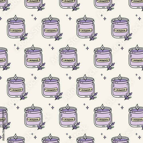 Seamless pattern with lavender scented candles in glass jars. Hand drawn vector illustration featuring botanical herbs and decorative stars. Perfect for aromatherapy, wellness, and cozy home decor.