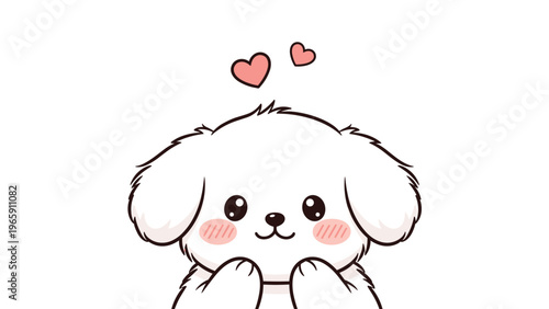 Adorable white puppy illustration with pink cheeks and two small red hearts floating above its head against a clean white background.
