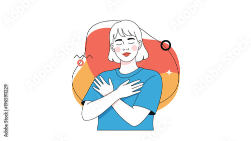 Self care illustration of a young woman hugging herself in front of a colorful abstract background featuring bright shapes and icons.