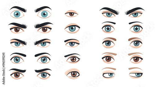 Comprehensive set of eye illustrations featuring different colors, expressions, and eyebrow shapes shown in a clean graphic design style.