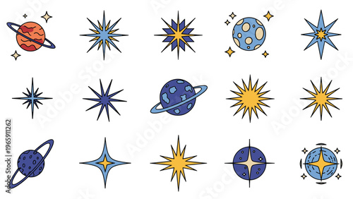 Colorful collection of celestial icons featuring planets with rings, many pointed stars, and the moon against a clean white background.
