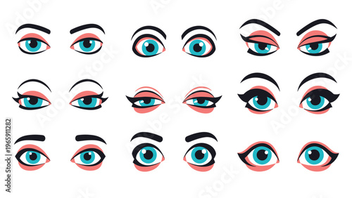 Collection of stylized female eyes with various expressions and makeup styles including eyeliner and long lashes.