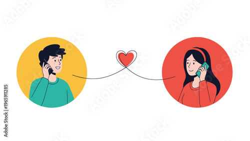 Romantic illustration of a man and a woman in separate circles talking on their phones connected by a long line forming a heart shape.