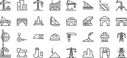 Industrial icons, construction symbols, engineering signs, 40 line art graphics