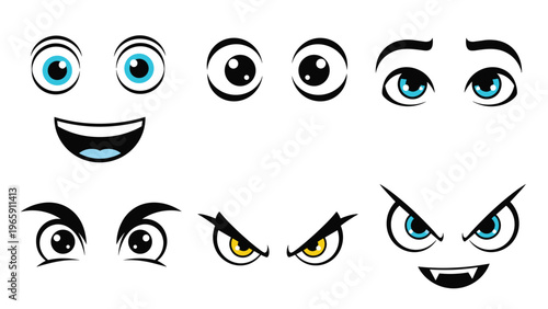 Set of cartoon eyes with different expressions like happy angry and curious for character design and animation projects.