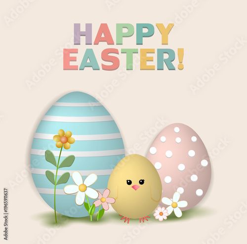 Easter eggs and a chicken .Template design greeting card, banner -Happy Easter
