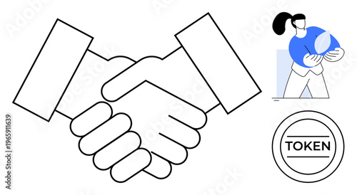 Business partnerships, eco-consciousness, sustainability, environmental awareness, tokenized economy, agreements. Handshake, woman holding globe and token icon. Business partnerships