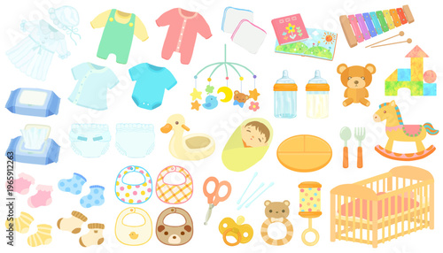赤ちゃんのお世話グッズ 出産準備 ベクター素材