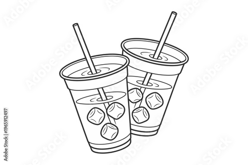 A detailed line art illustration depicts two glasses of iced beverages with straws perfect for summery designs on transparent background high-quality professional.