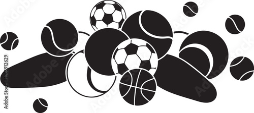 Sports Icons, Black and White Vector Balls, Athletic Logos, Sports Equipment Set